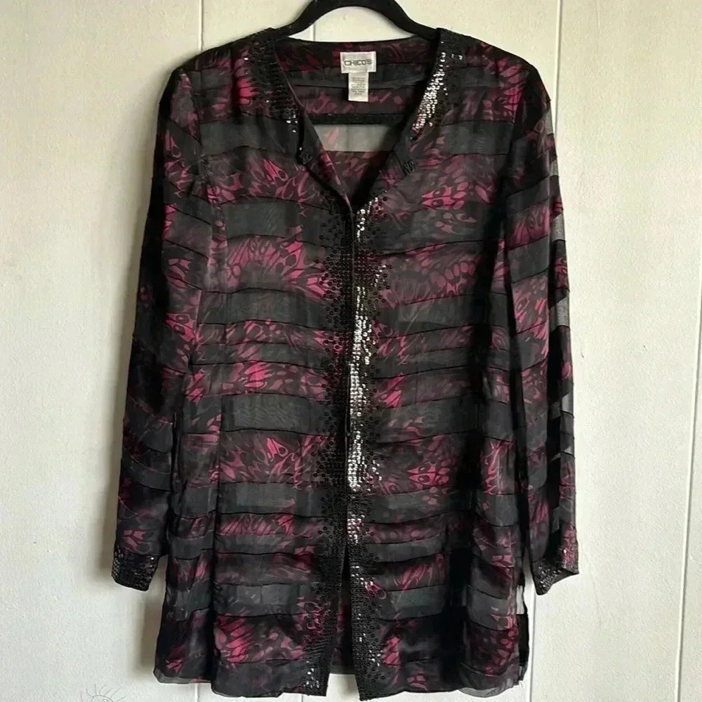 CHICOS Sheer Sequined Silk Blend Long Sleeve Top Womens Size 0 Red Black